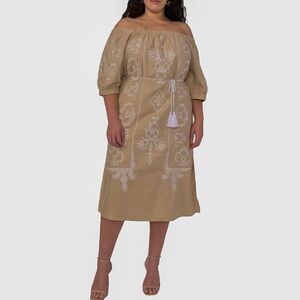 NWT Off Shoulder Linen Midi Dress 2X Beige Embroidered Vince Camuto Plus Size